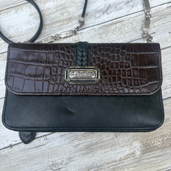 VTG Brighton Crossbody Bag Wallet Small Card Holder Zip Coin Leather Black Croc - Picture 1 of 13